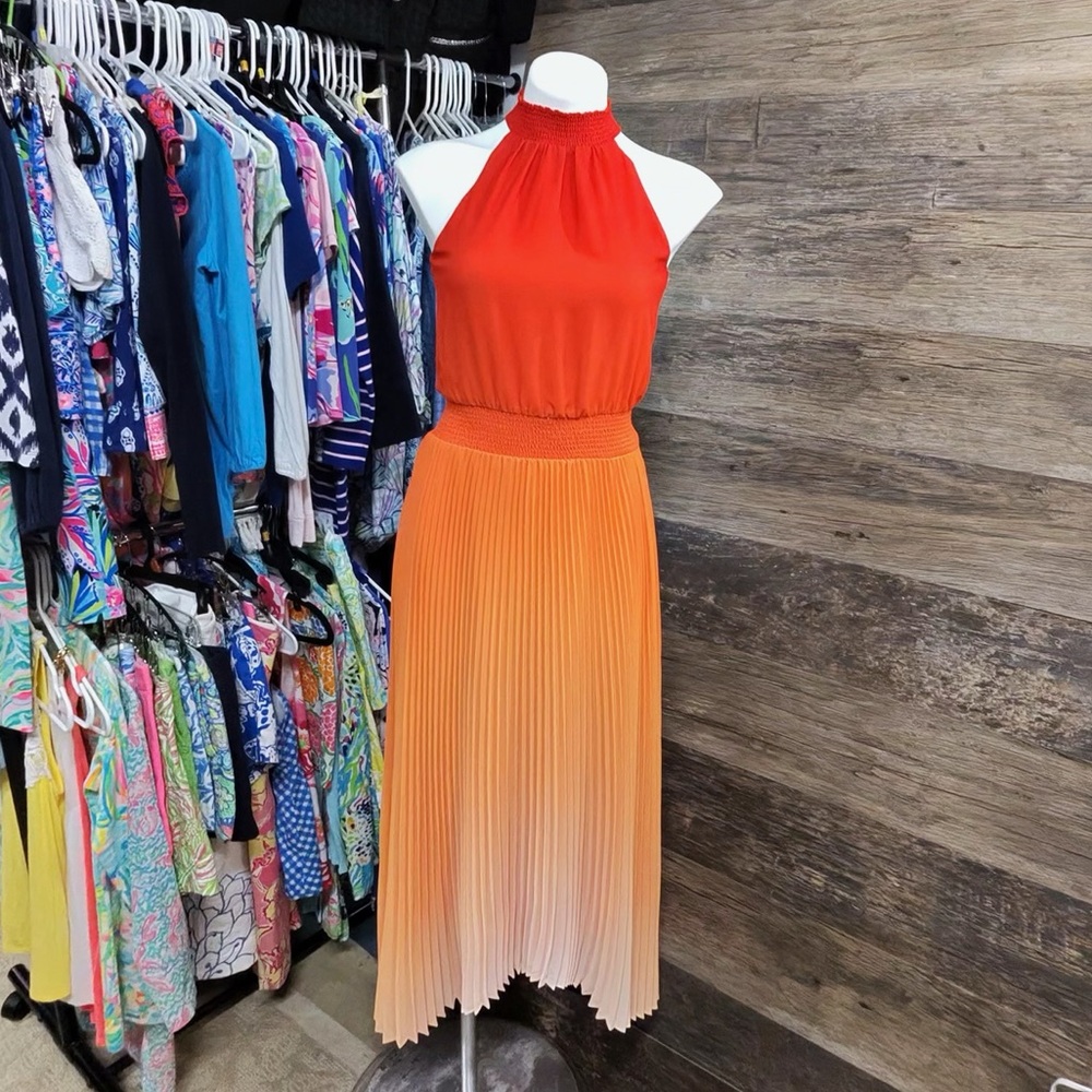 White House‎ Black Market Elegant Halter Neck Orange High-Low Pleated Dress